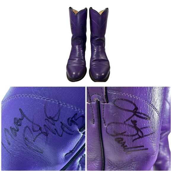 Justin Boots Shoes - Tracy Byrd & Lee Roy Parnell Signed Justin Roper Purple Boots Vintage 1990s-Sz 8